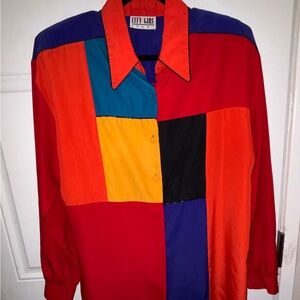 Vintage 80s City Girl Sport Color Block Blouse Size 14 Made USA Abstract Retro T